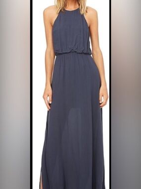H&M Size 14 Navy Sleeveless Maxi Dress Boho Chic Flowy Side Slits Elastic Waist